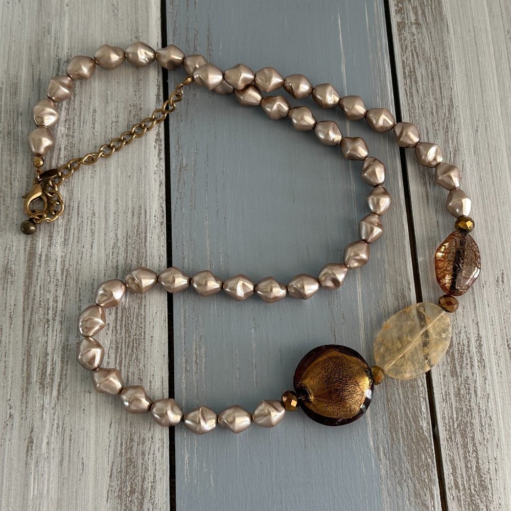 Fabulous Chico's Longer Beaded Statement Necklace Champaign Gold Cooper Amber